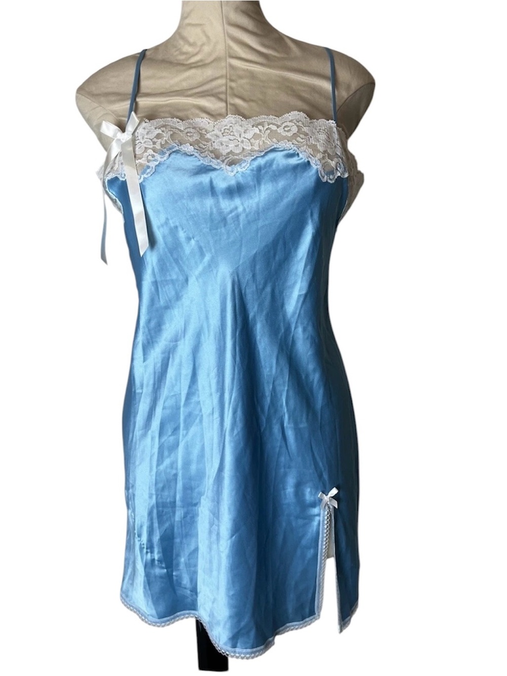 vintage Victoria's Secret Y2K baby blue satin slip dress with white lace trim